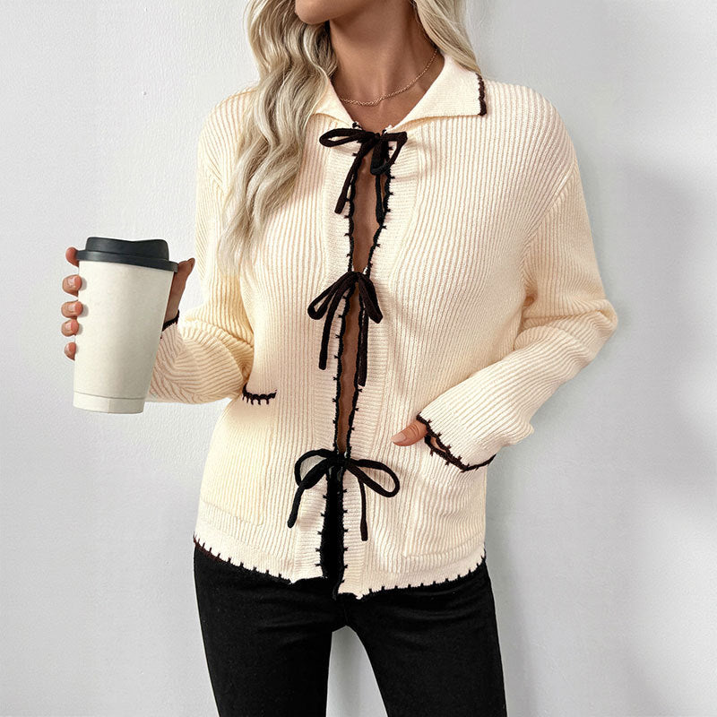 Bow Notch Cardigan Contrast Mid Weight Apricot N5Z475