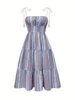 Load image into Gallery viewer, Blue White Stripe Tiered Maxi Dress Resort N6F243