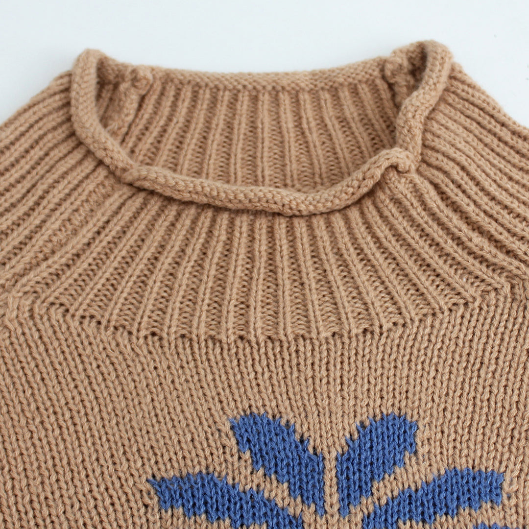 Khaki Floral Knit Sweater Women Ribbed Pattern N5A880