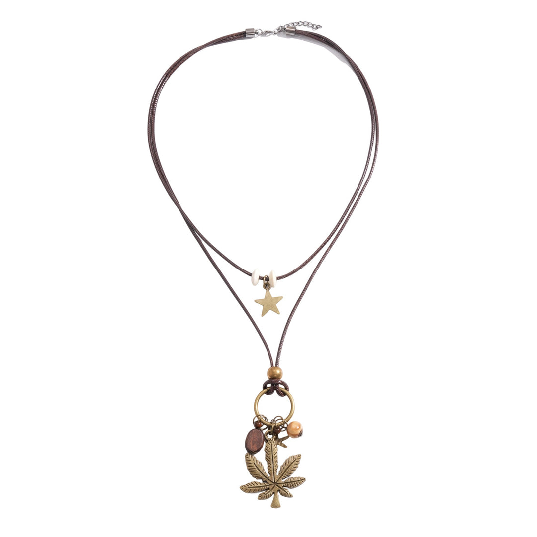 Leather Cord Wood Bead Star Leaf Sweater Chain N6H138