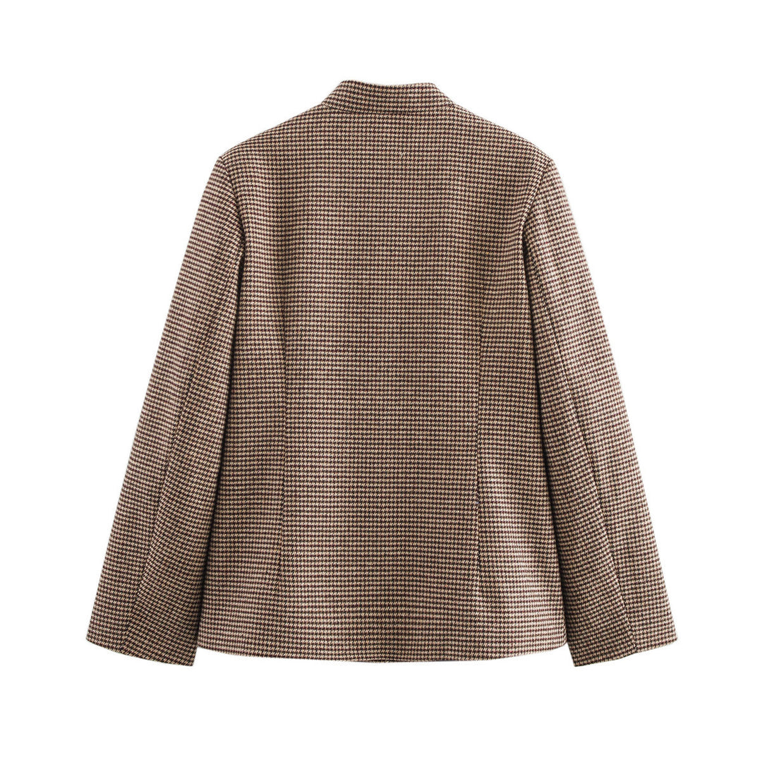 Houndstooth Shirt Jacket Women Dark Brown Long Sleeve N5A734