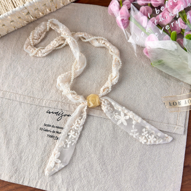 Womens Beige Lace Floral Pearl Scarf Necklace N6K273