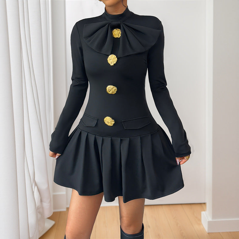 Bow Mock Neck Dress Long Sleeve Mid Weight Black N5Z545