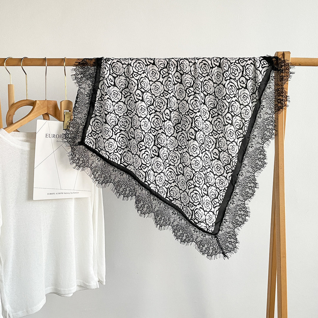 Vintage Lace Trim Satin Square Scarf 70cm Women N6H121