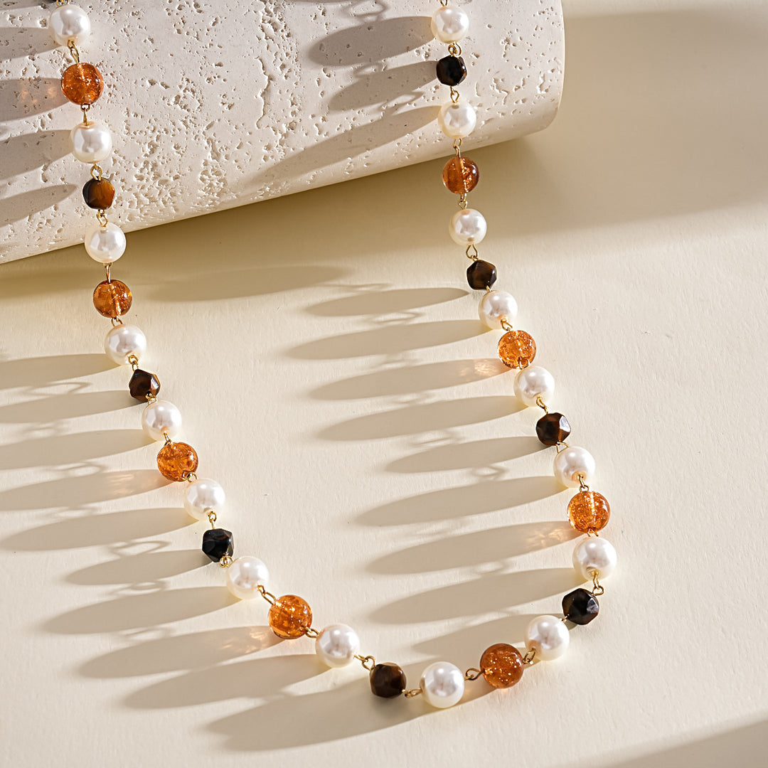 Vintage Contrast Cat's Eye Tiger Eye Pearl Necklace N6H144
