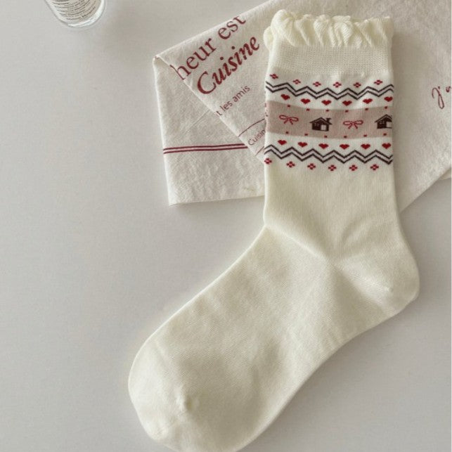 Combed Cotton Mid-Calf Socks Heart Pattern M5A018