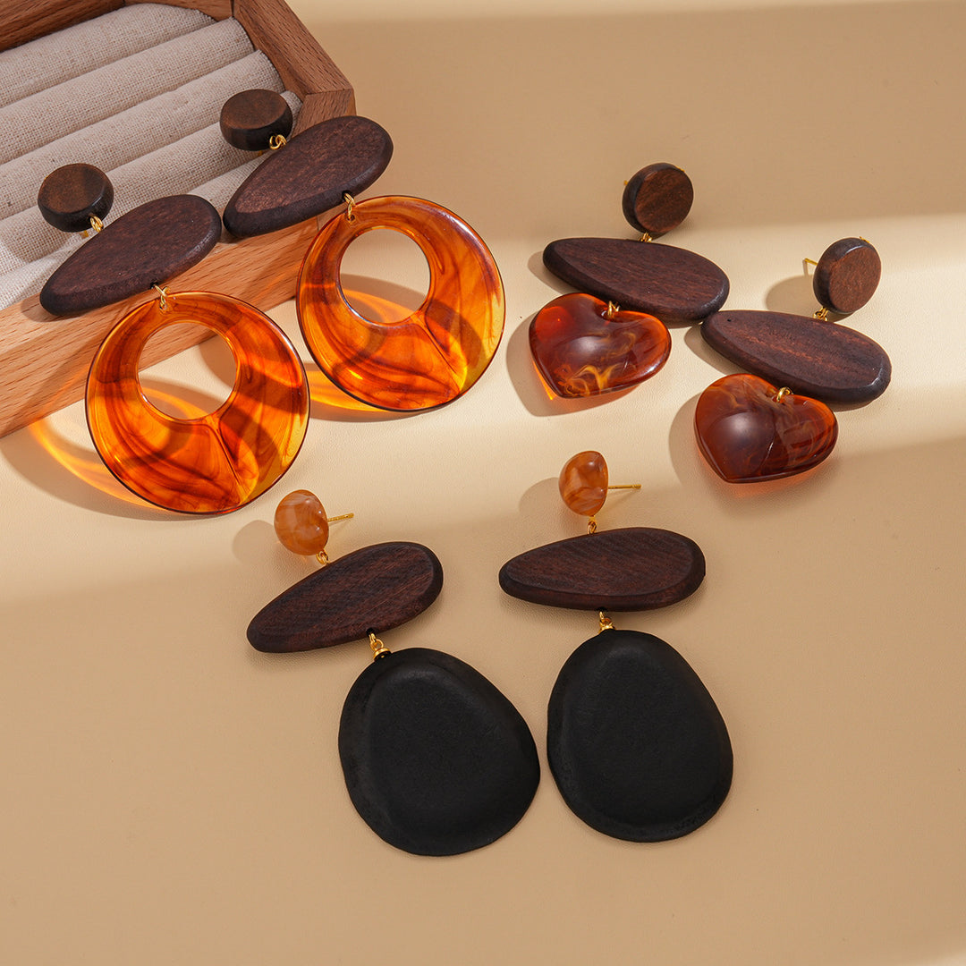 Resin Wood Drop Heart Round Silver Stud Earrings N6H090