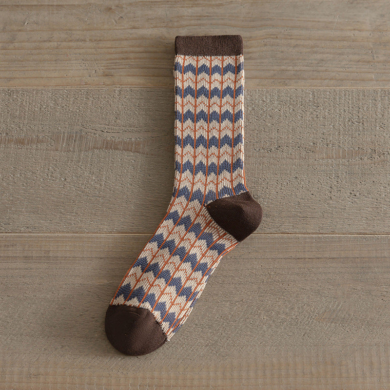 Double Needle Knit Plaid Mid-Calf Socks Women N6H023