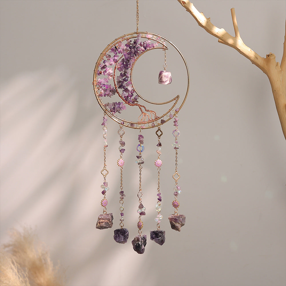 Simple Rainbow Clear Quartz Moon Wind Chime N6F302