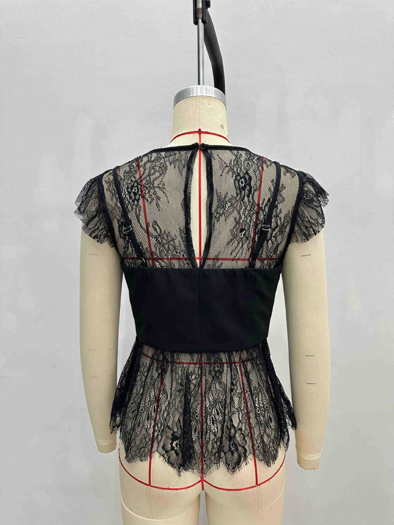 Black Lace Ruffle Cap Sleeve Sheer Crop Top N6F239