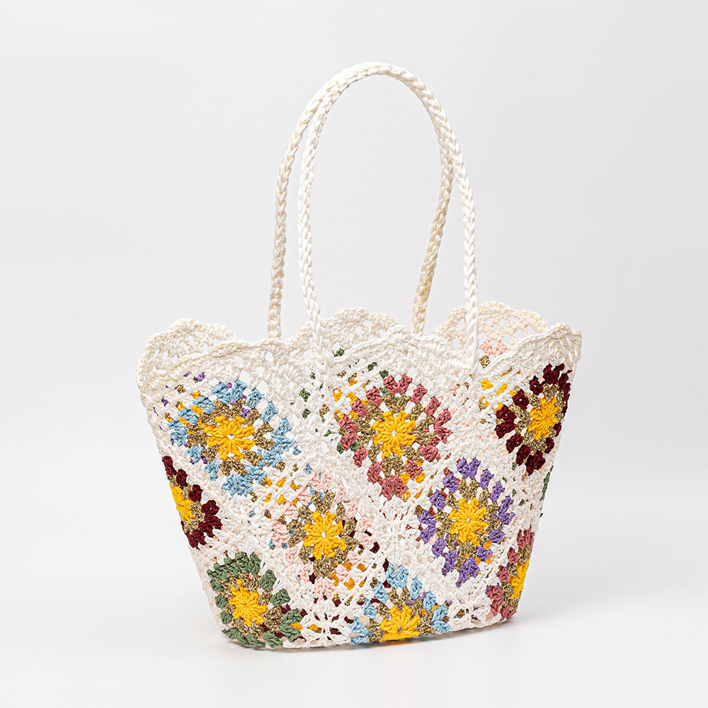 Hand Crochet Color Block Mesh Tote Beach Bag Women N6C302