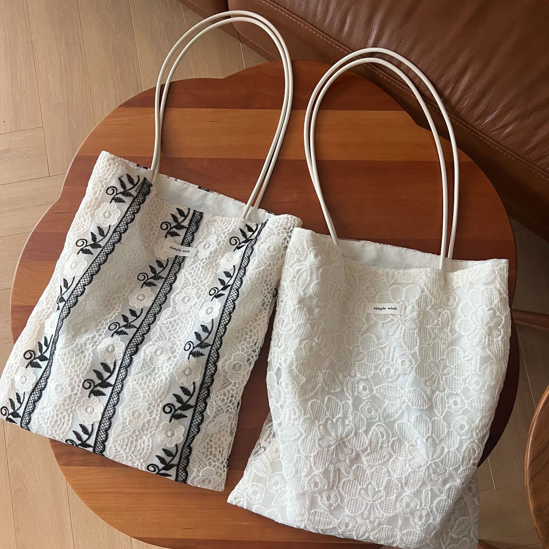 Cut-out Embroidery Fine Strap Canvas Shoulder Bag N6F181