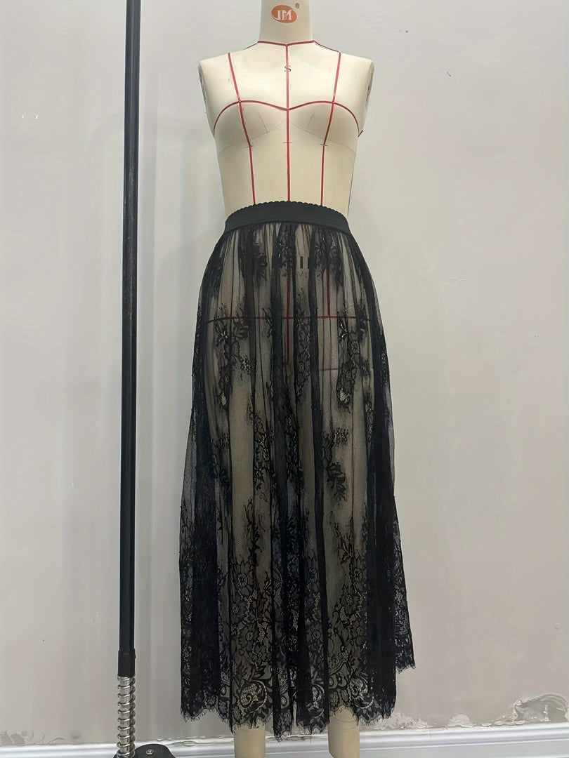 Dark Gothic Lace Sheer Maxi Skirt Women N6F242