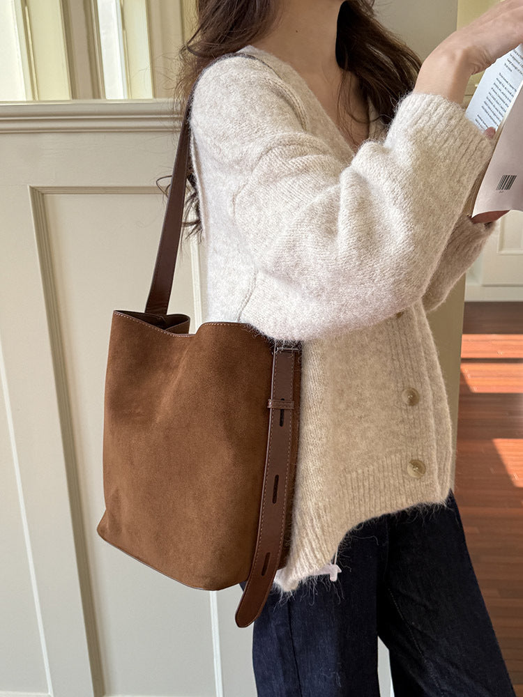 Women's Suede Leopard Print Bucket Shoulder Bag N6J114