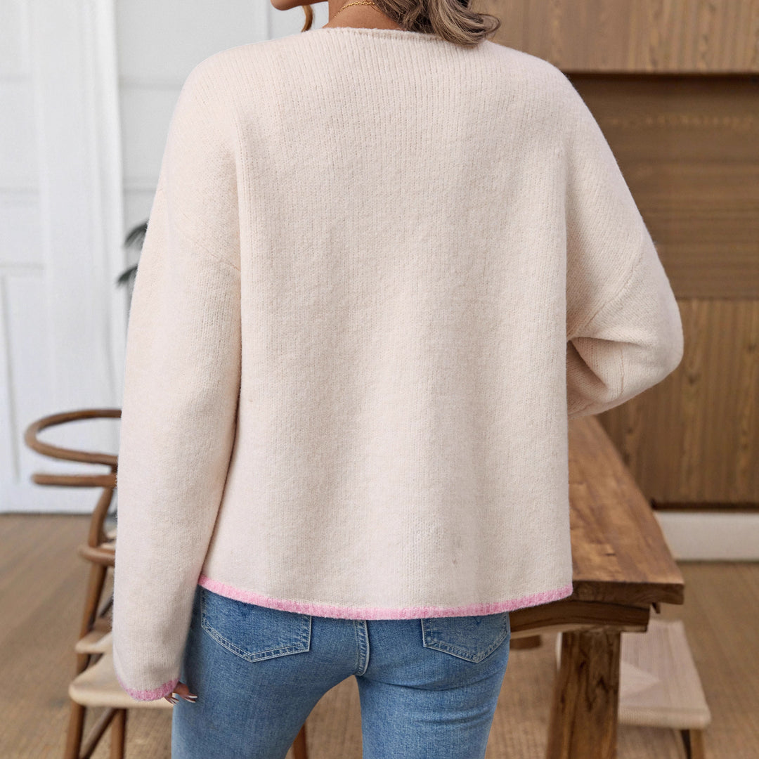 Contrast Bow V Cardigan Mid Weight Off White N5Z826
