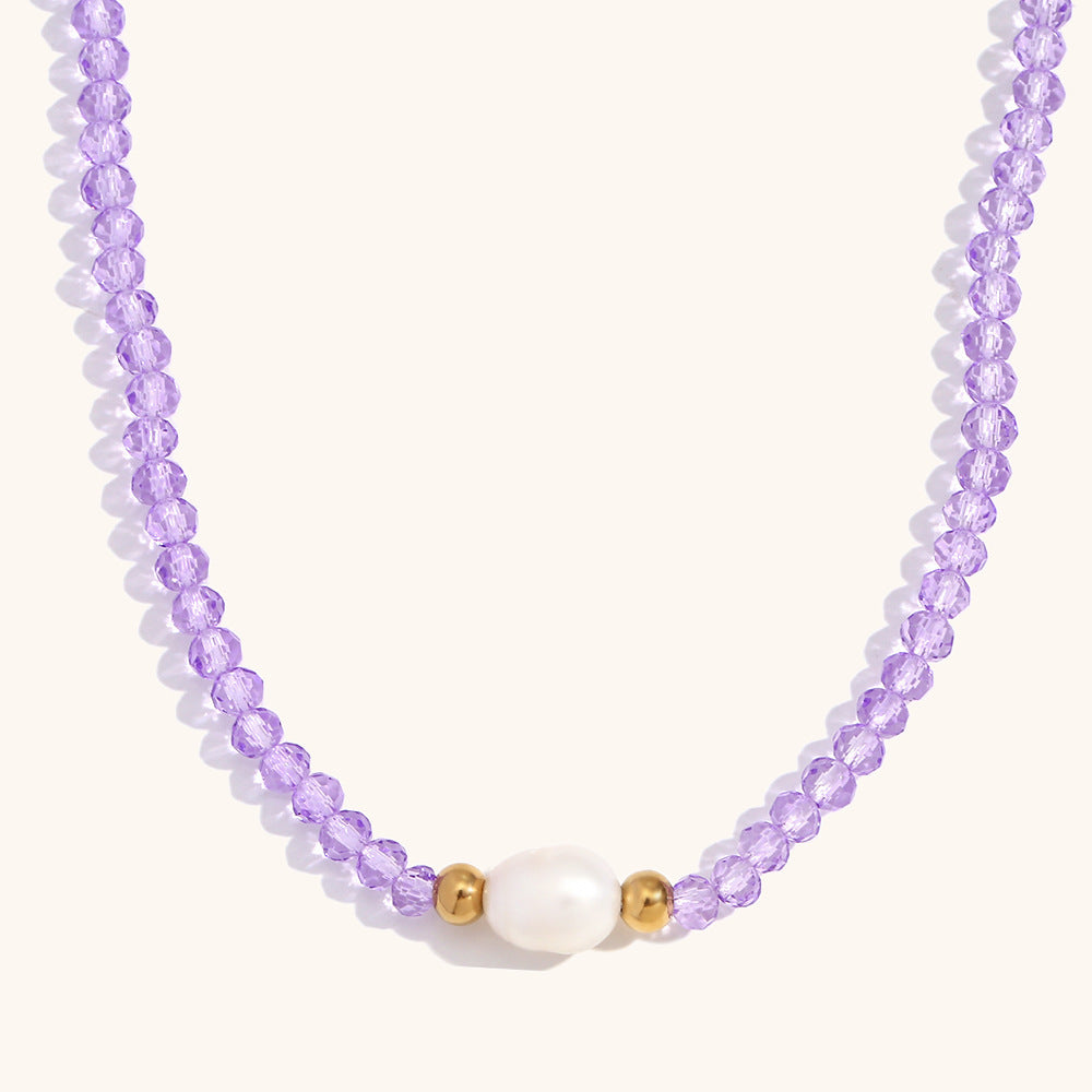 Amethyst Steel Pearl Shell Necklace Gold Plated Retro S5P236
