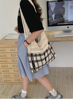 Load image into Gallery viewer, Gingham Openwork Knit Tote Bag Vintage Women N6C059