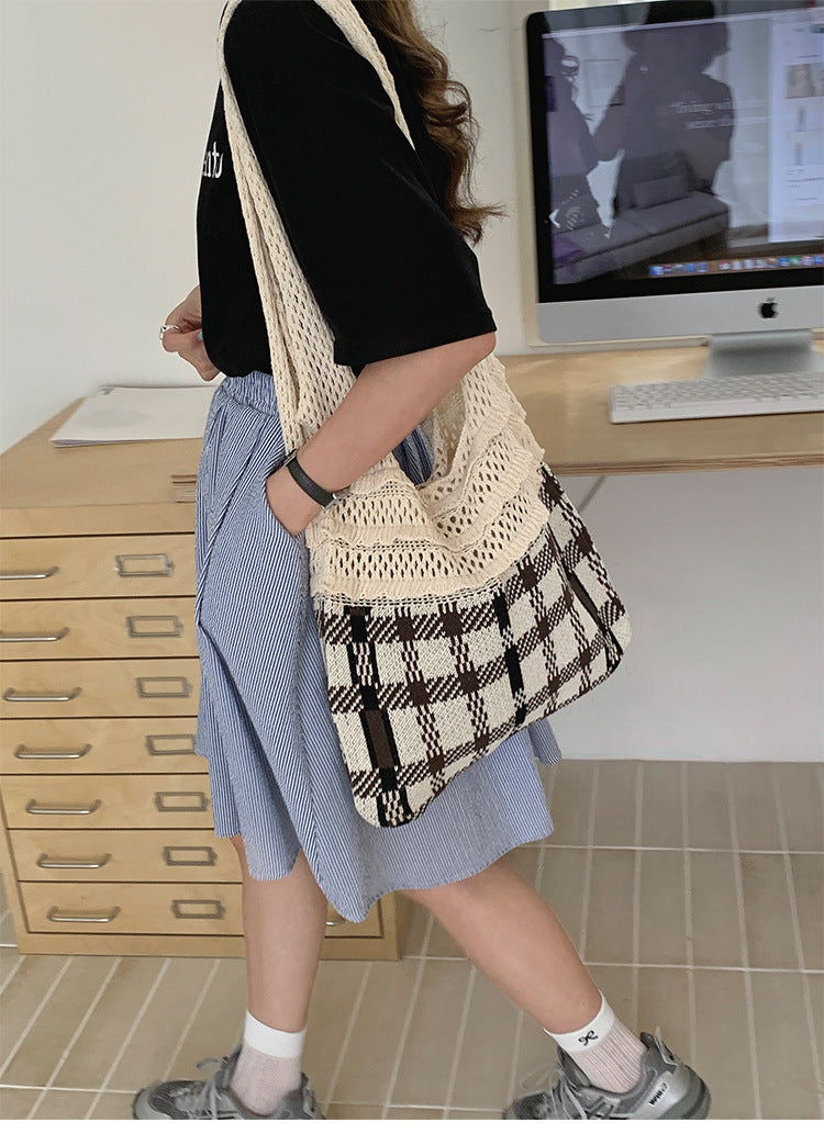 Gingham Openwork Knit Tote Bag Vintage Women N6C059