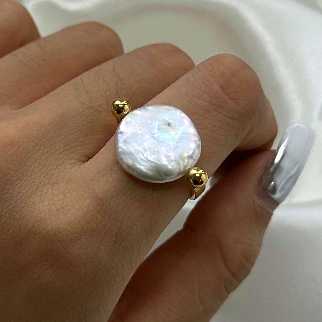 Stainless Steel Button Pearl Smooth Ring Women N6H168