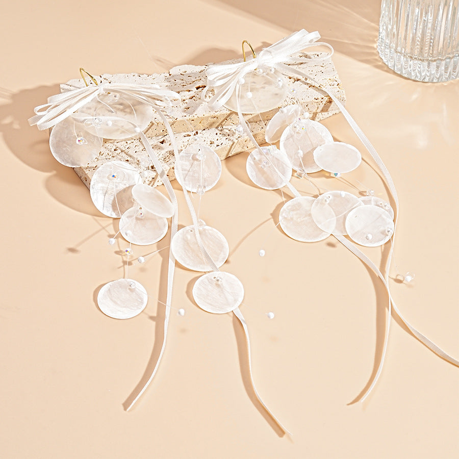 Coastal Bow Drop Earrings Shell Glass Streamer Fringe S5P147
