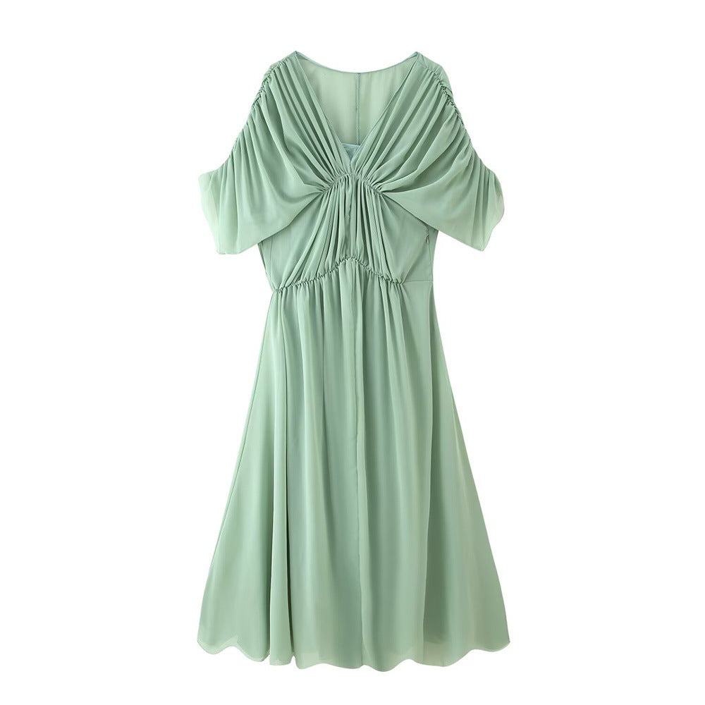Draped V Neck Satin Dress Mid WeightN 5Z347