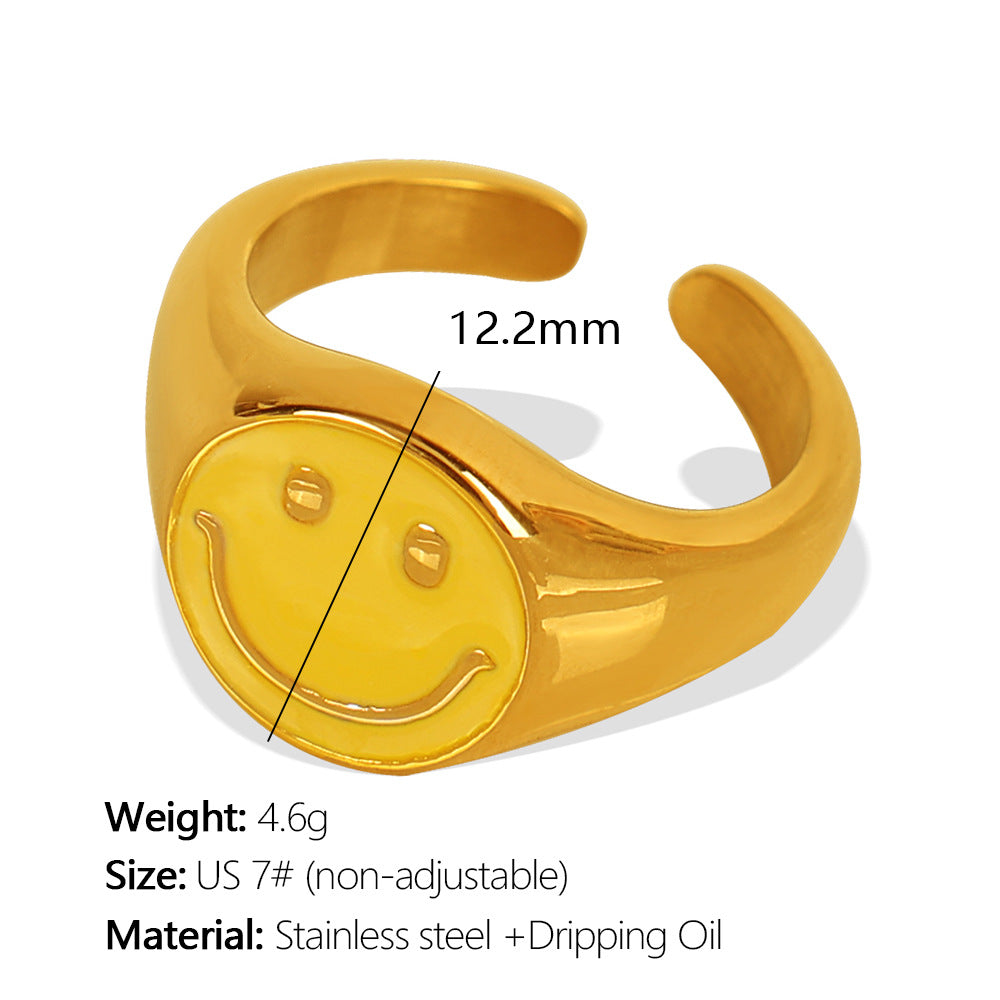 Smiley Face Ring Titanium Steel 18K Gold Drip Enamel S5P019