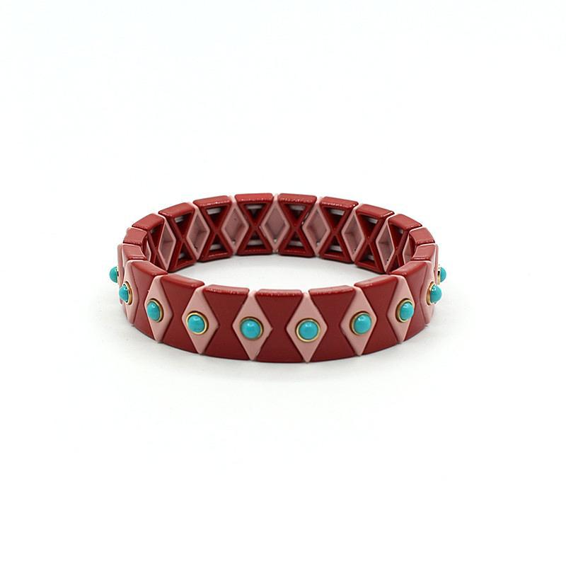 Rainbow Enamel Bead Bracelet Elastic Adjustable Alloy S5P034