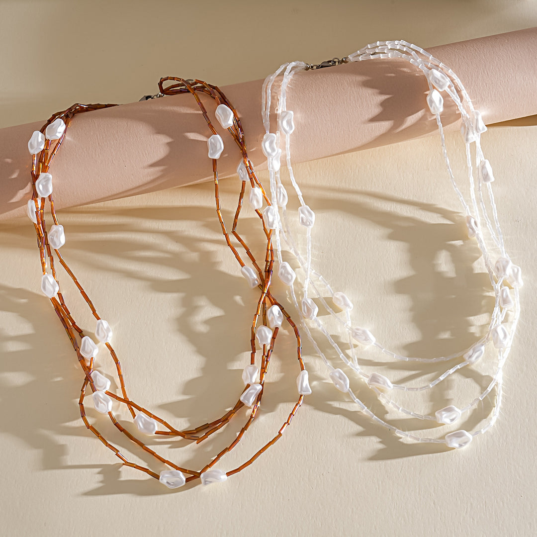 Vintage Multi-Layer Pearl Glass Bead Choker Necklace N6H146