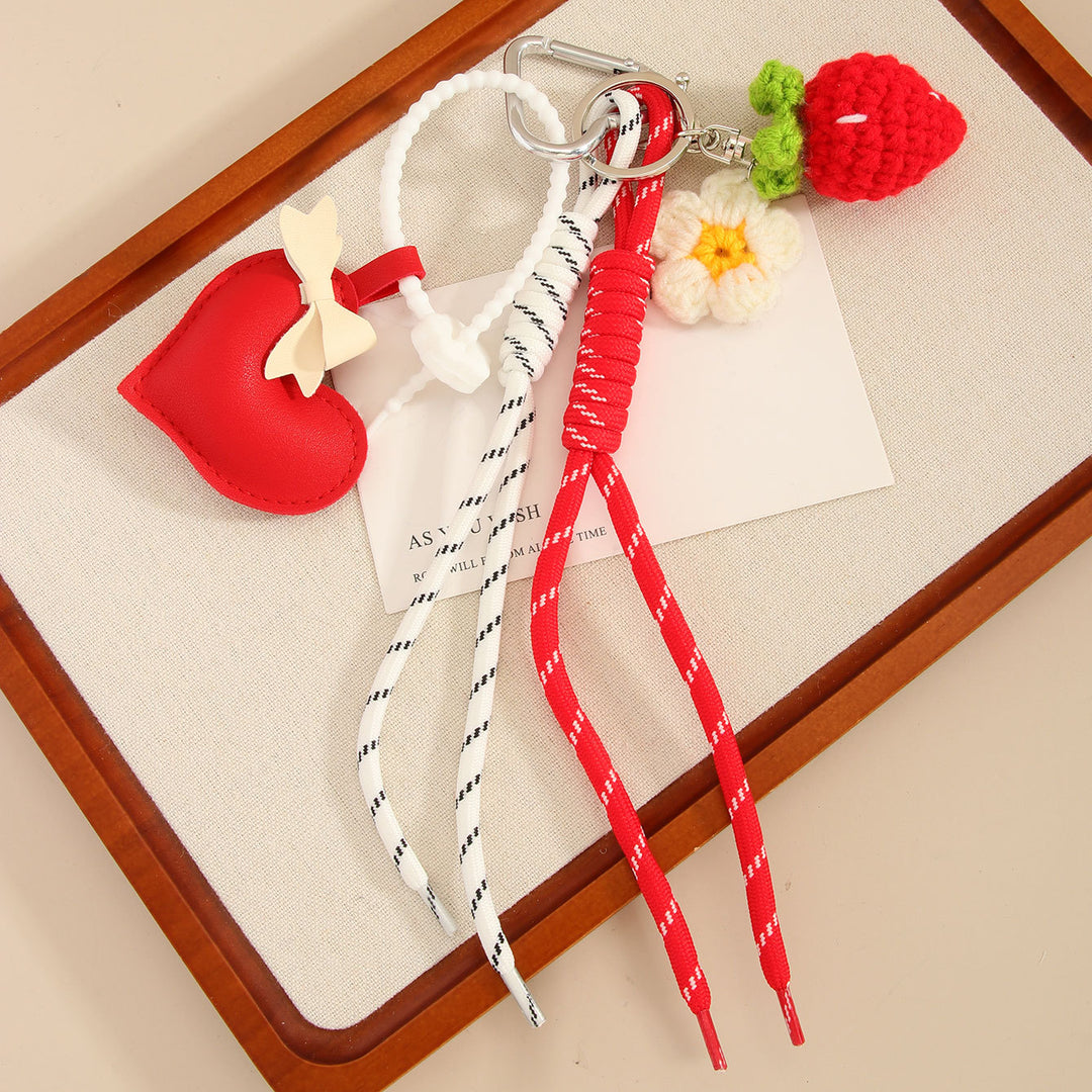 Heart Bow Strawberry Woven Rope Bag Charm Keychain  S5P939