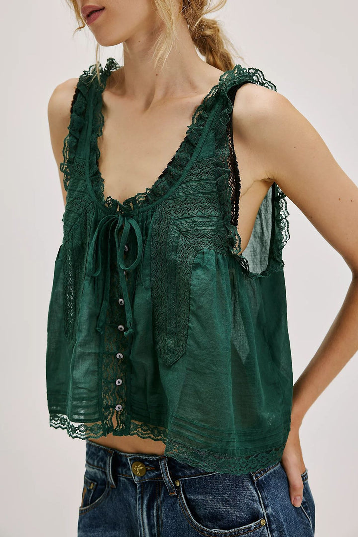 Lace Trim Camisole with Bow and Button Women N6C106