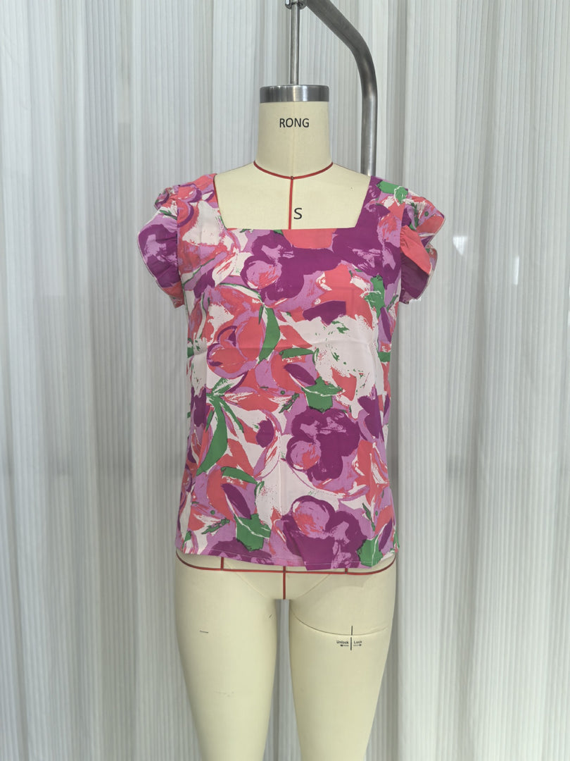 Floral Square Neck Ruffle Cap Sleeve Top Women N6F244
