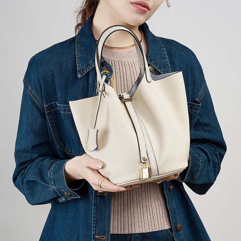 Genuine Leather Bucket Bag Handheld Shoulder Purse N6F148