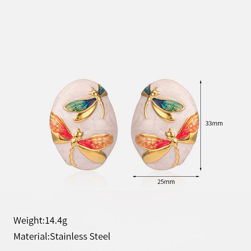 Oval Dragonfly Earrings Steel Asymmetric Drip Enamel S5P093