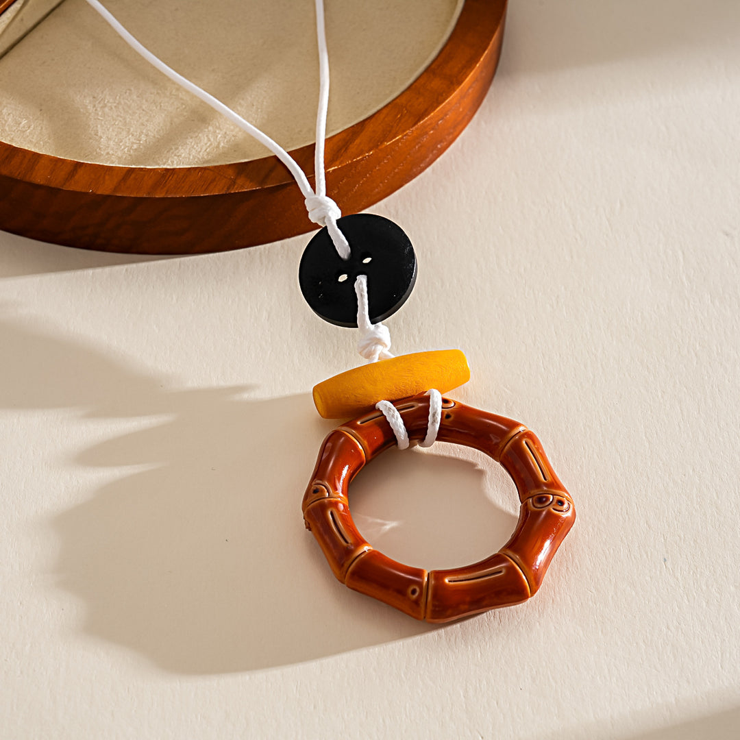 Leather Cord Resin Wood Round Pendant Necklace N6H140