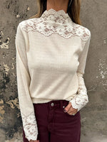 Load image into Gallery viewer, Mock Neck Lace Crochet Long Sleeve Tee Women N6G273