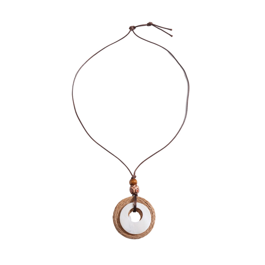 Leather Cord Wood Resin Raffia Drop Pendant Necklace N6H139