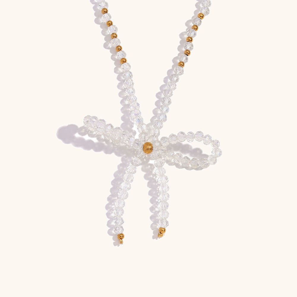 Crystal Bow Necklace Steel Gold Plated Delicate S5P231