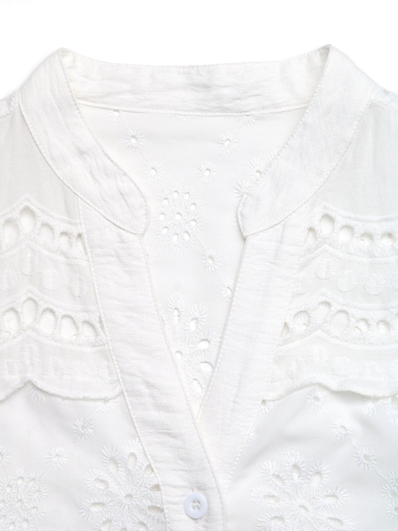 V Neck Eyelet Shirt Women Solid Color N6C105