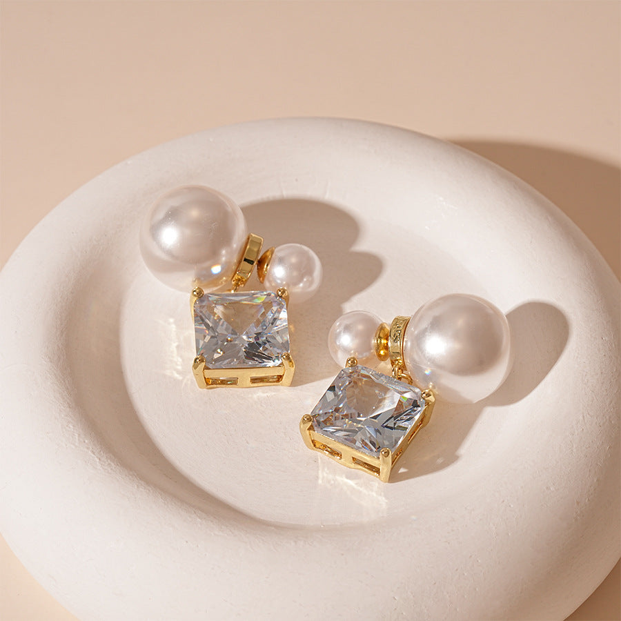 Zircon Pearl Square Stud Earrings Women N6H154