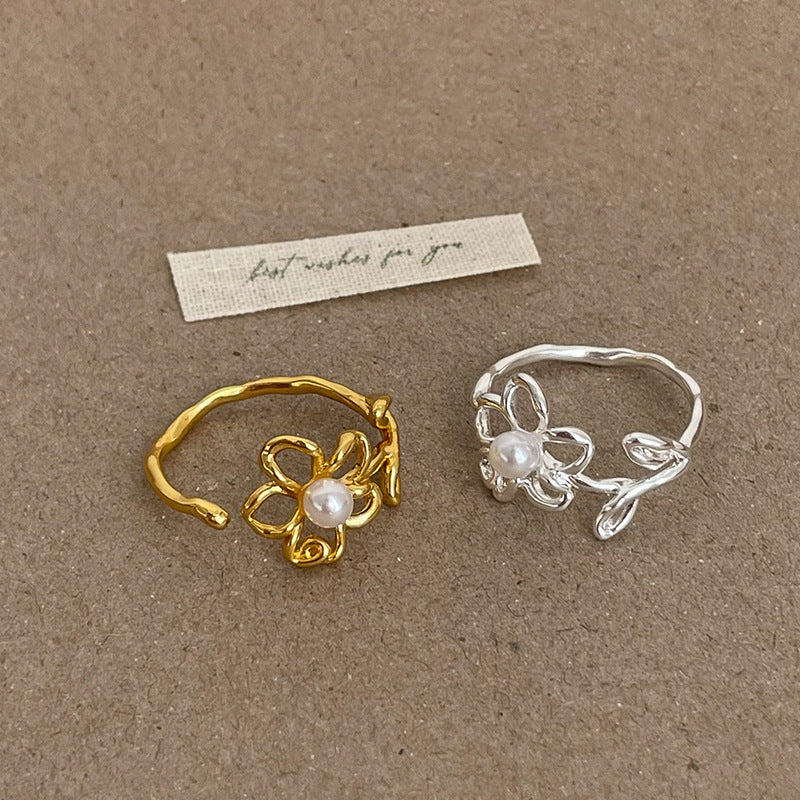 Textured Hollow Flower Pearl Ring Women Fashion N6H167
