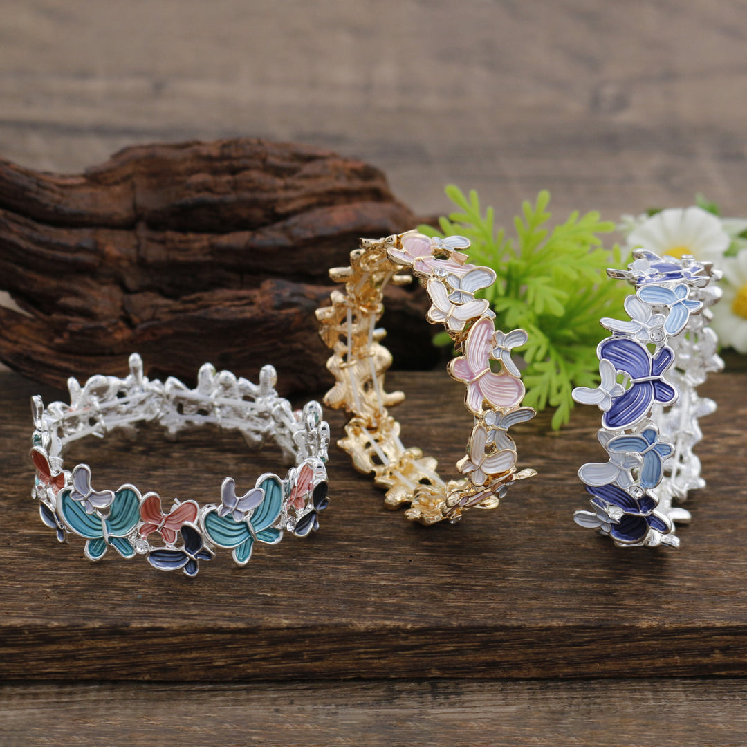 Enamel Butterfly Diamond Alloy Stretch Bangle  N6F287