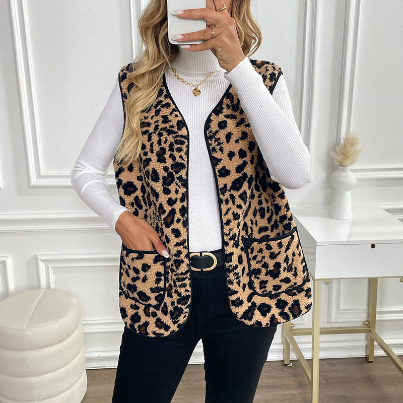 VNeck Leopard Cardigan Vest Lightweight Lamb Wool N5A173