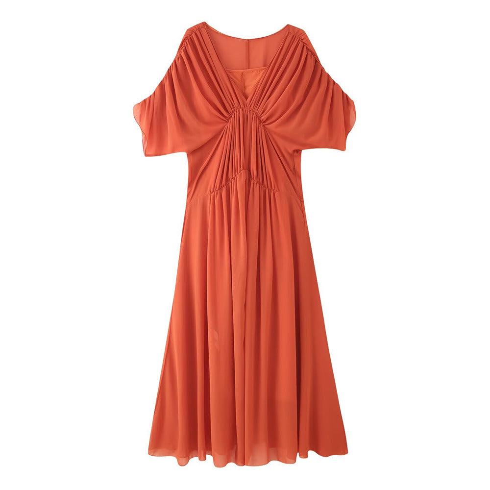 Draped V Neck Satin Dress Mid WeightN 5Z347