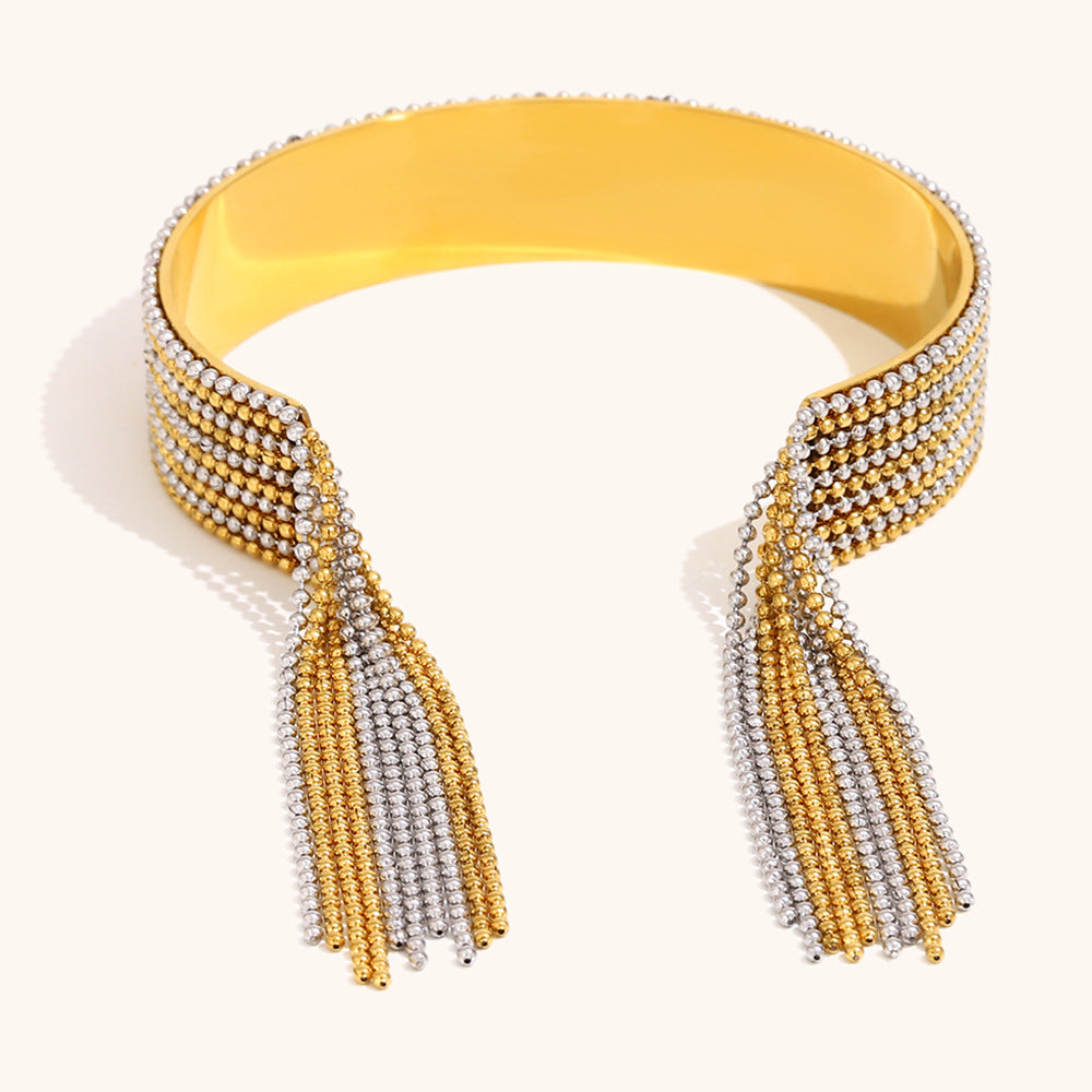 Fringe Cuff Bracelet Steel Gold Plated Rotating Ring S5P246