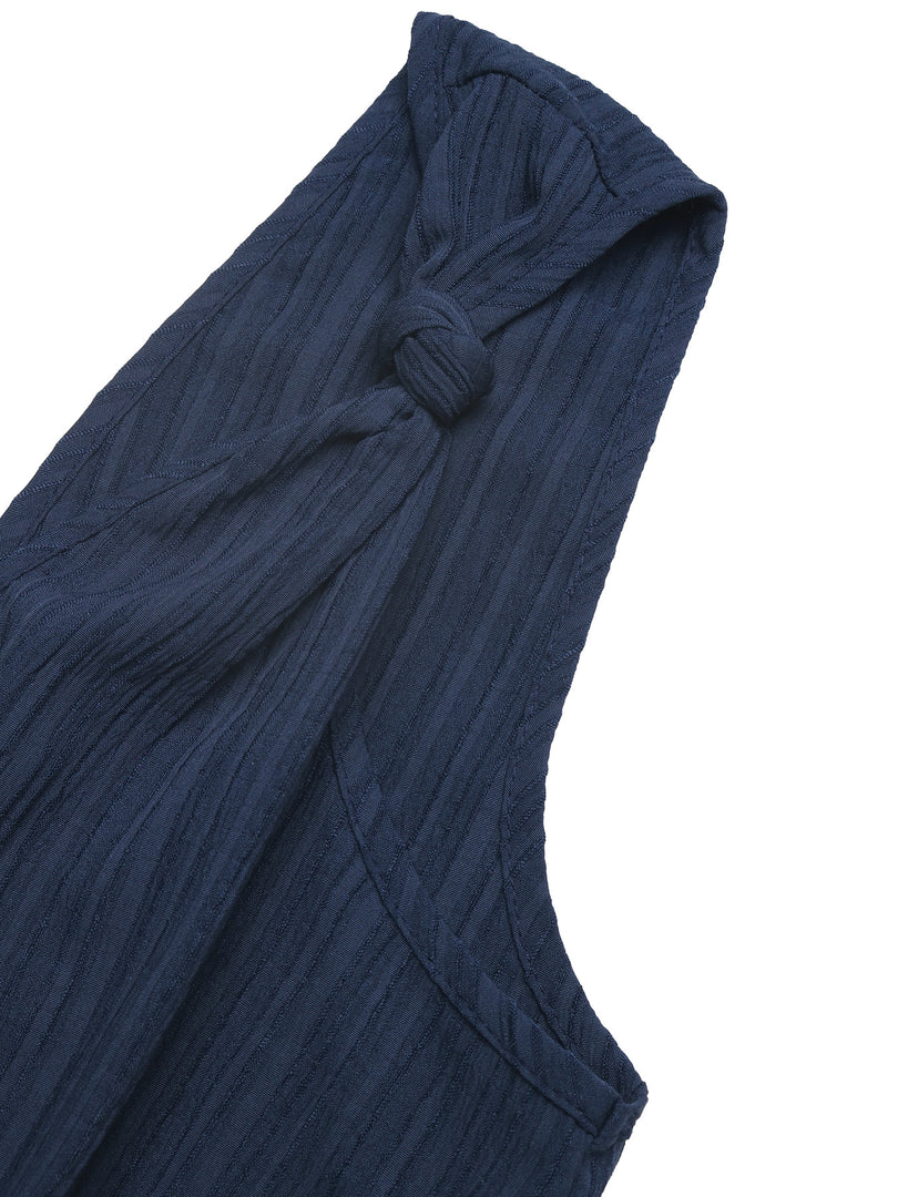 Sleeveless V Neck Textured Tie-Waist Jumpsuit Shorts N6C259