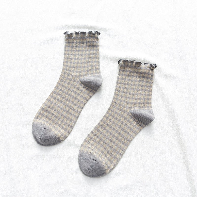 Plaid Ruffle Trim Mid-Calf Socks Women Preppy N6H006