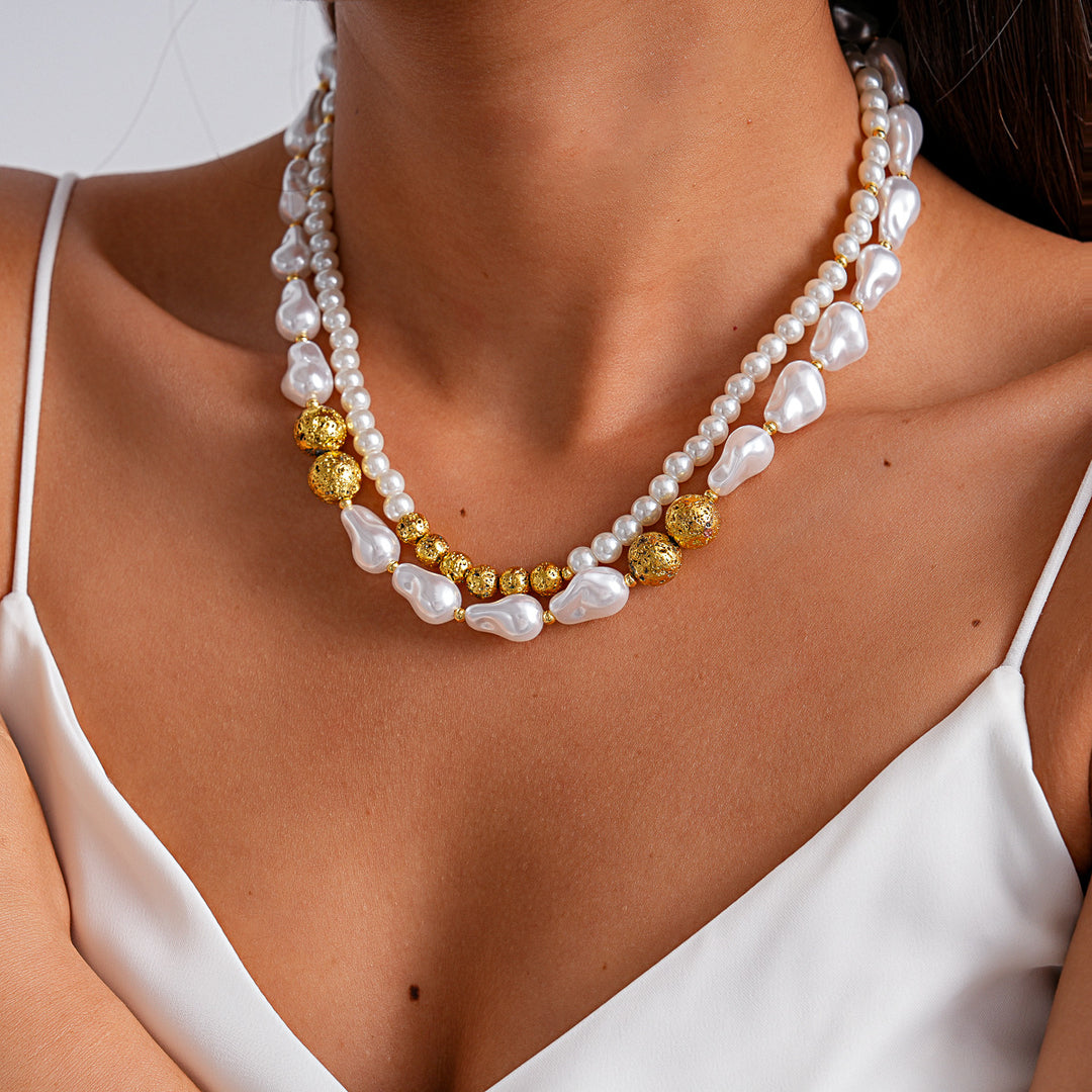 Vintage Double Layer Pearl Beaded Geometric Choker N6H147