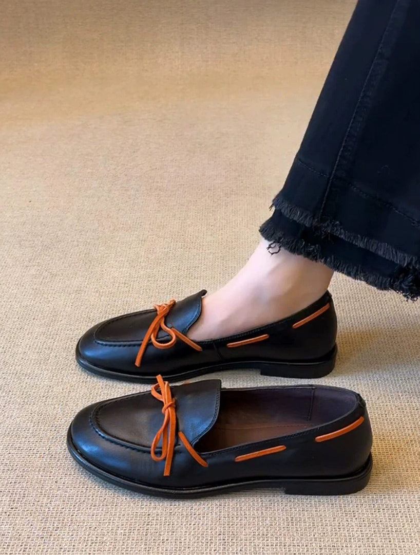 Retro Round Toe Flat Bow Slip-On Loafers Women N6C150