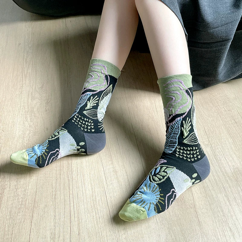 3D Floral Embossed Seamless Mid-Calf Socks Women N6H010