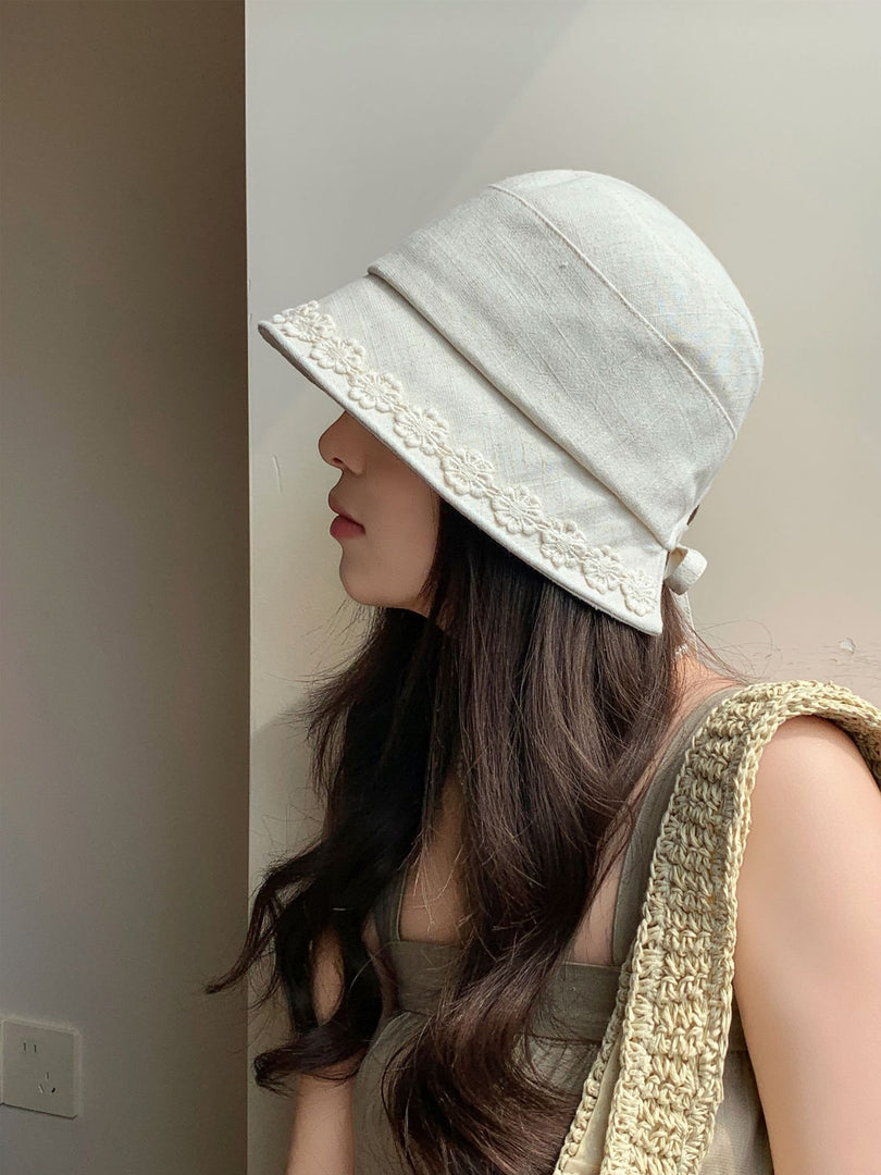 Lace Trim Linen Blend Bucket Hat Women N6C389